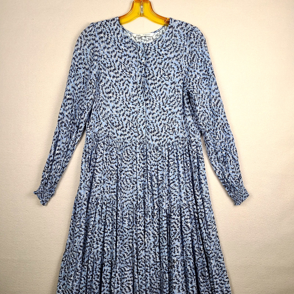 Zara The Angel Prairie Floral Midi Dress Boho Cottagecore Blue Small Tiered - Picture 2 of 10